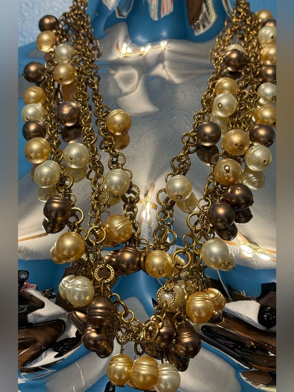 Vintage Cha Cha Necklace Gold-Tone Multistrand Faux Pearl Drop - Luxe Metallic